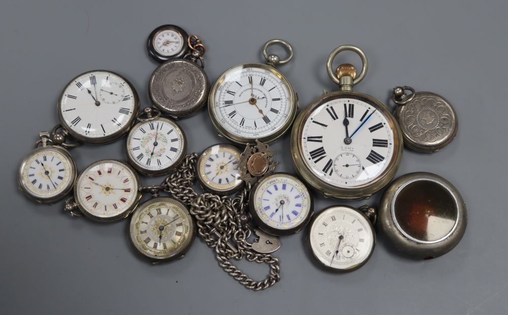 A collection of assorted fob and pocket watches including silver.